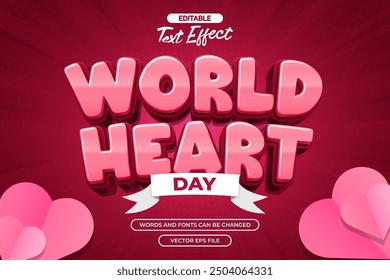 Efecto de texto editable del día mundial del corazón con la decoración de la forma del corazón