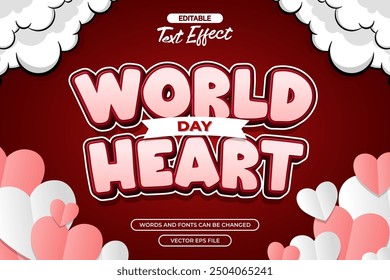 World heart day editable text effect with heart shape and cloud decoration
