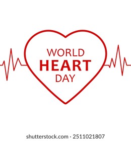 World Heart Day, flat vector illustration for banner or poster. Red text World Heart Day, heart shape and heartbeat cardiogram isolated on white background.