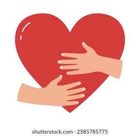 World Heart Day, hands hugging heart isolated on a white background. Heart with hands. Hug yourself. Love yourself. Valentine's Day. Icon or logo. Cute modern design.