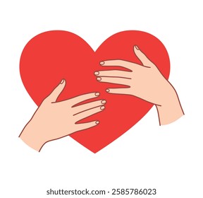 World Heart Day, hands hugging heart isolated on a white background. Heart with hands. Hug yourself. Love yourself. Valentine's Day. Icon or logo. Cute modern design.