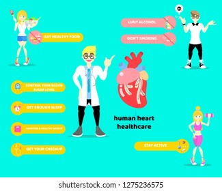 world heart day, healthy lifestyle infographic diagram and heart health care concept with doctor in blue background, flat vector illustration character design