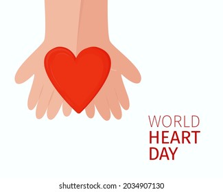 World Heart Day. In his hands is scarlet heart. topic of cardiology. Thematic medical postcard. Vector illustration, flat