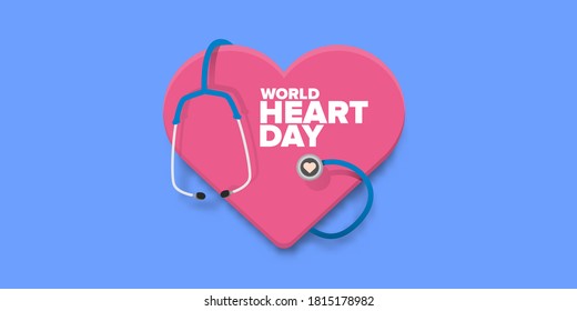 world heart day horizontal banner or background with heart isoalted on blue layout.