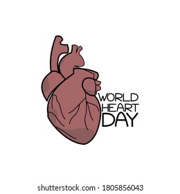 World Heart Day, Human heart image and themed lettering, human anatomy and health to create a postcard, poster or information booklet, vector outline illustration for design and creativity