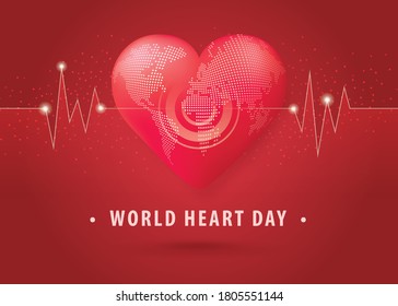 World heart day illustration concept. World Planet Earth With Heart Shape, Red Heart Shaped World, Abstract heartbeat Background, Heart wave Sign, Hug the Globe, Happy Earth Day, 