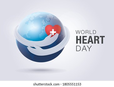 World heart day illustration concept. Hugging World, Hands Holding A Heart Vector, Red heart with hand embrace, Hug the Globe, Happy Earth Day