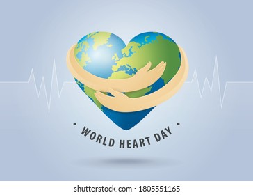 World heart day illustration concept. World Planet Earth With Heart Shape, Hands Hug the Globe, Heart with hand embrace, Happy Earth Day, Abstract heartbeat Background, Stethoscope Sign