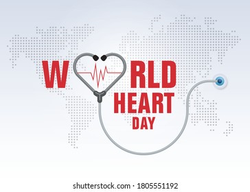 World heart day illustration concept. Stethoscope with Heart Shape, Heart wave Sign, Hug the Globe, Happy Earth Day, Abstract world map Background,