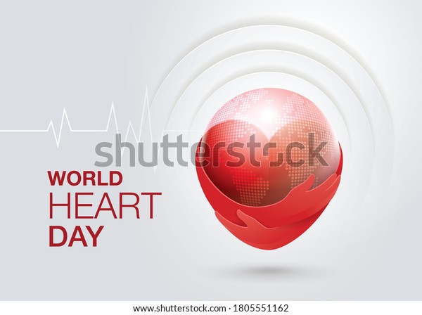 World heart day illustration concept. Hugging Heart\
shape, Hands Holding A World Vector, Red heart with hand embrace,\
Hug the Globe, Happy Earth Day, Abstract heartbeat Background,\
Heart wave Sign