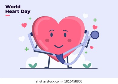 World Heart Day illustration with cute heart character and with stethoscope. International heart Health care awareness at 29 September. Can be used for Poster, banner, flyer, animation, presentation.
