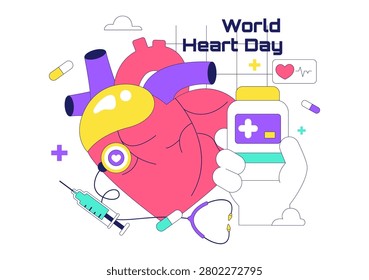 World Heart Day Illustration Featuring Healthy Heart Awareness, Cardiovascular Care, Medical Checkup, Wellness Campaign, and Healthcare Support