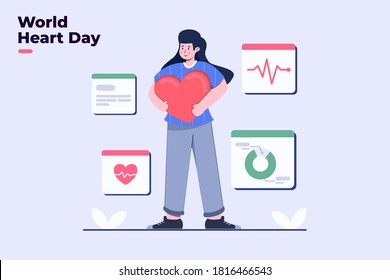 World Heart Day illustration with people hugging heart. Heart healthcare awareness day at 29 September. Woman hugging the heart shaped pillow. Can be used for banner, poster, greeting, flyer.