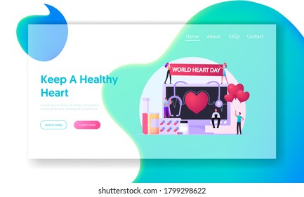 World Heart Day Landing Page Template. Tiny Characters at Huge Monitor with Heartbeat Pulse, Stethoscope and Medicine Bottles. Cardiology Disease Prevention. Cartoon People Vector Illustration