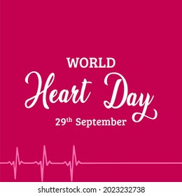 World Heart Day lettering card, heart and cardio pulse trace