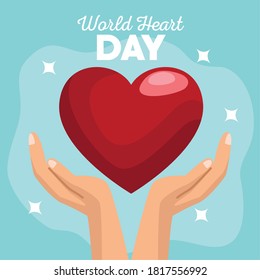 world heart day lettering with hands protecting heart in blue background vector illustration design