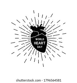World heart day with lettering. Holiday grunge vintage illustration with sun rays in the background