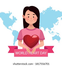 world heart day lettering with woman lifting heart and earth planet vector illustration design