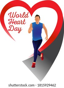 World heart day man running vector illustration