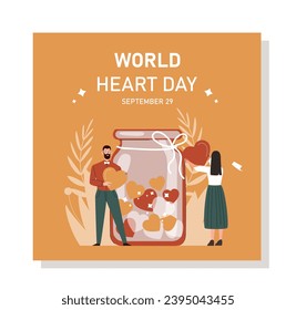 Afiche del Día Mundial del Corazón. Hombre y mujer cerca de un frasco de vidrio con siluetas de corazón. Amor y cuidado, apoyo. Activistas y voluntarios. Dibujo vectorial plano de dibujos animados aislado en fondo blanco