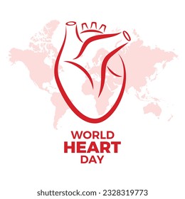 World Heart Day Poster with red heart organ icon vector. Abstract heart organ symbol and world map vector illustration. September 29 every year. Important day