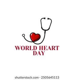 World heart day. Poster with heart and stethoscope image on white background