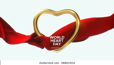 World Heart Day. Realistic golden heart frame and silky red fabric. Vector illustration. Medical awareness day concept