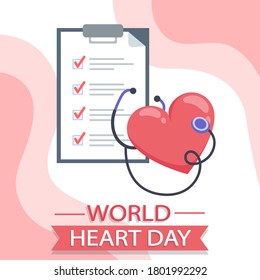World heart day, red heart and stethoscope, vector illustration in flat style for web design