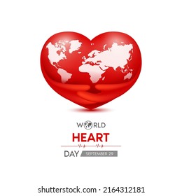 World Heart Day. Red Heart With White World Map. Abstract Heartbeat Background Banner, Heart Wave. 3D Vector Illustration.