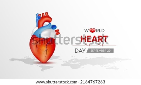 World Heart Day. Red heart with white world map. Abstract heartbeat Background banner, heart wave. 3D vector illustration.