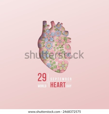 World Heart day September 29. Simple colorful layered flowers under papercut in shape of human heart. Medical solidarity day vector poster