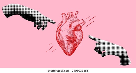 World heart day. Sketch style human heart. Retro halftone hands reaching out to each other. Modern collage. Valentines day banner. Healthcare medical concept. Healthy lifestyle.