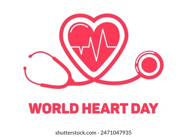 World Heart Day. Stethoscope, Electrocardiogram, Cardiology concept. ECG, line drawing heart pulse. Heartbeat, cardiogram, wave signal. healthcare, medical background. Electrocardiograph. Health.