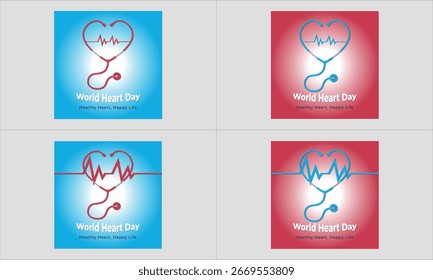 Plantilla del Día Mundial del Corazón en 4 variaciones de color. Diseño moderno para concientizar sobre la salud, hospitales y publicaciones en redes sociales