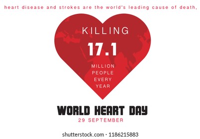 World Heart Day text and map hearts on white background. Vector illustration