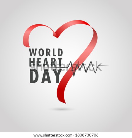 World Heart Day Text with Pulse and Red Silk Ribbon on Glossy Background.