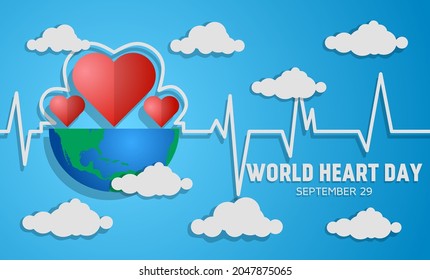 World heart day theme. With heartbeat line and globe, paper art and craft style, flat-style vector illustration.