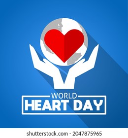 Icono del logo del tema del Día Mundial del Corazón. Con corazón, globo y mano. Ilustración vectorial.
