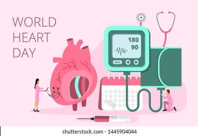 World Heart Day vector concept in 28 September, health care awareness. Tiny doctors treat, care heart. Health concept of hypotension and hypertension disease for landing page, flyer, web.