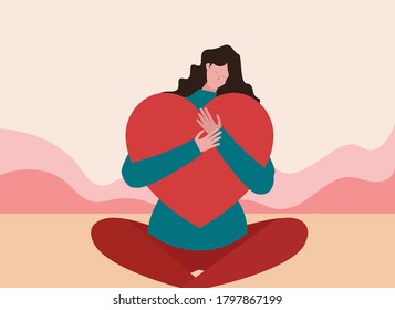 World Heart Day vector concept: woman hugging the heart shaped pillow