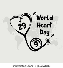 World Heart Day vector design with Heart stethoscope vector line art and world map background