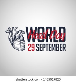 World Heart Day. Vector illustration of human heart poster with lettering. Greeting banner, card, logo, sign, sticker.