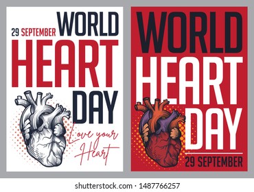 World Heart Day. Vector illustration of human heart poster with lettering. Greeting banner, card, logo, sign, sticker.
