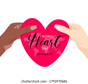 World Heart Day. Vector Illustration with red heart symbol in hands. For social media, web, banner.