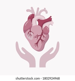 World heart day vector illustration isolated on a white background. 
Open hands to heart. Modern concept  human  heart
