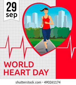 World Heart Day Vector illustration With Jogging Girl In The Park.