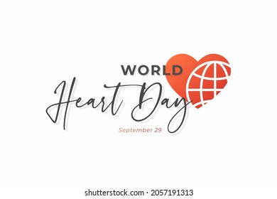 World Heart Day Vector. Red Heart and Earth Globe Line Icon with Handwritten Lettering Calligraphy on White Background. Flat Design Template Element for Banner, Poster and Greeting Cards.