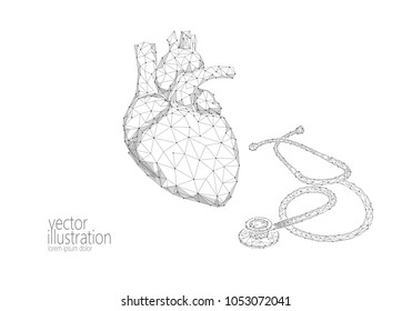 World Heart health Day awareness infarct attack prevent. Medicine low poly render human organ stethoscope polygonal geometric vector illustration art