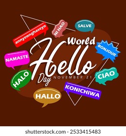 World Hello Day is celebrated on November 21st. Different languages ​​to say hello on maroon background.