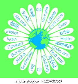 World Hello Day. The concept of the campaign for peace. Daisy flower The middle is the planet Earth. On the petals - the word Hello in various languages of the world.